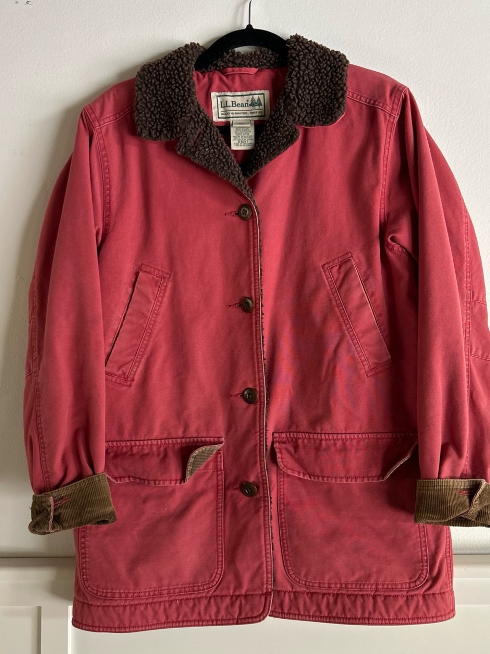 L.L. Bean Women's Coral Red Sherpa-Collar Jacket with Brown Trim